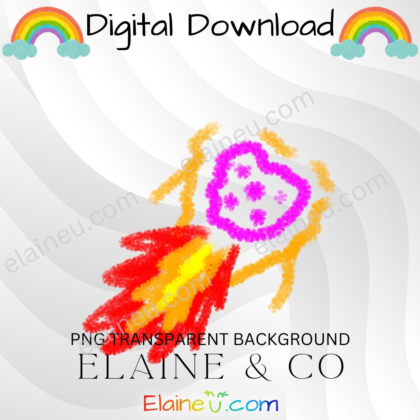 Colorful drawing of a rocket with rainbow and clouds on a transparent background, branded 'Elaine & Co'.