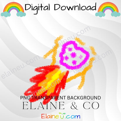 Colorful drawing of a rocket with rainbow and clouds on a transparent background, branded 'Elaine & Co'.