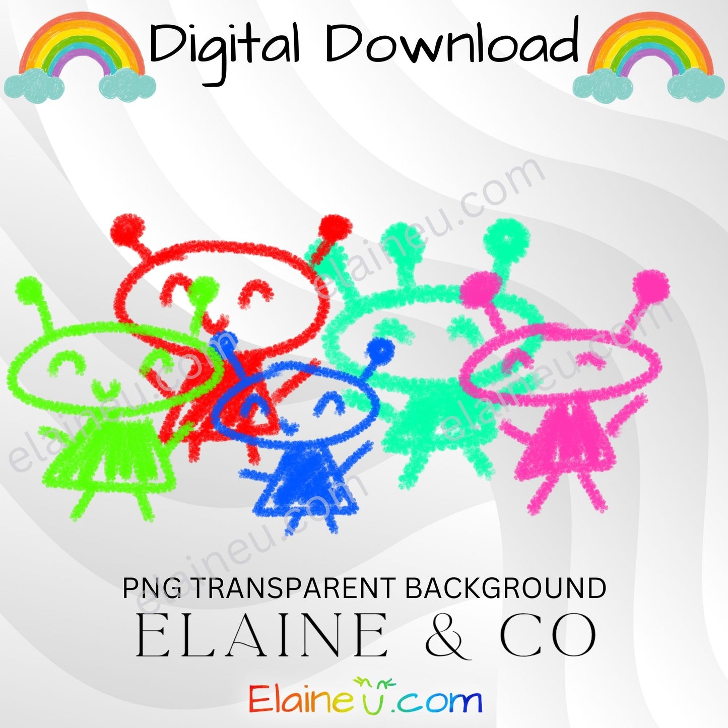 Colorful drawings of children with hula hoops on a transparent background with 'Elaine & Co' branding.