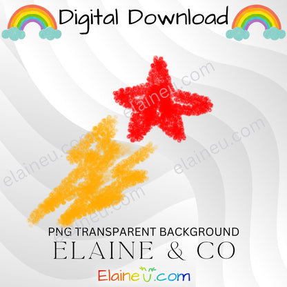 Colorful star and lightning bolt drawing on a white background with 'Elaine & Co' branding.