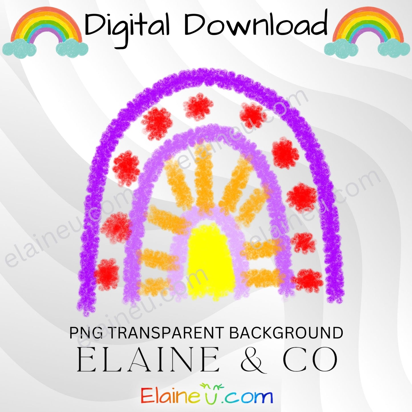 Colorful rainbow with handprints on a transparent background, featuring 'Elaine & Co' branding.