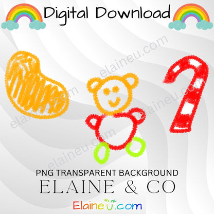 handdrawn crayon clipart - candies, candy, lollipop, gummy bears, gummy worms, candy necklaces, nerd clusters