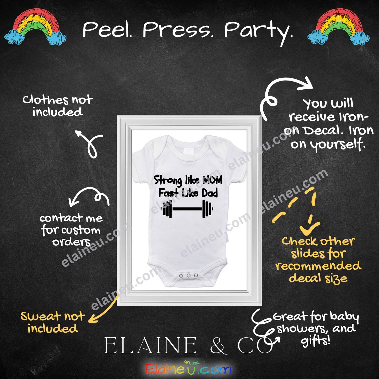 Iron-On Decal – Strong Like Mom, Fast Like Dad (Baby Onesie Transfer), EU-I-2