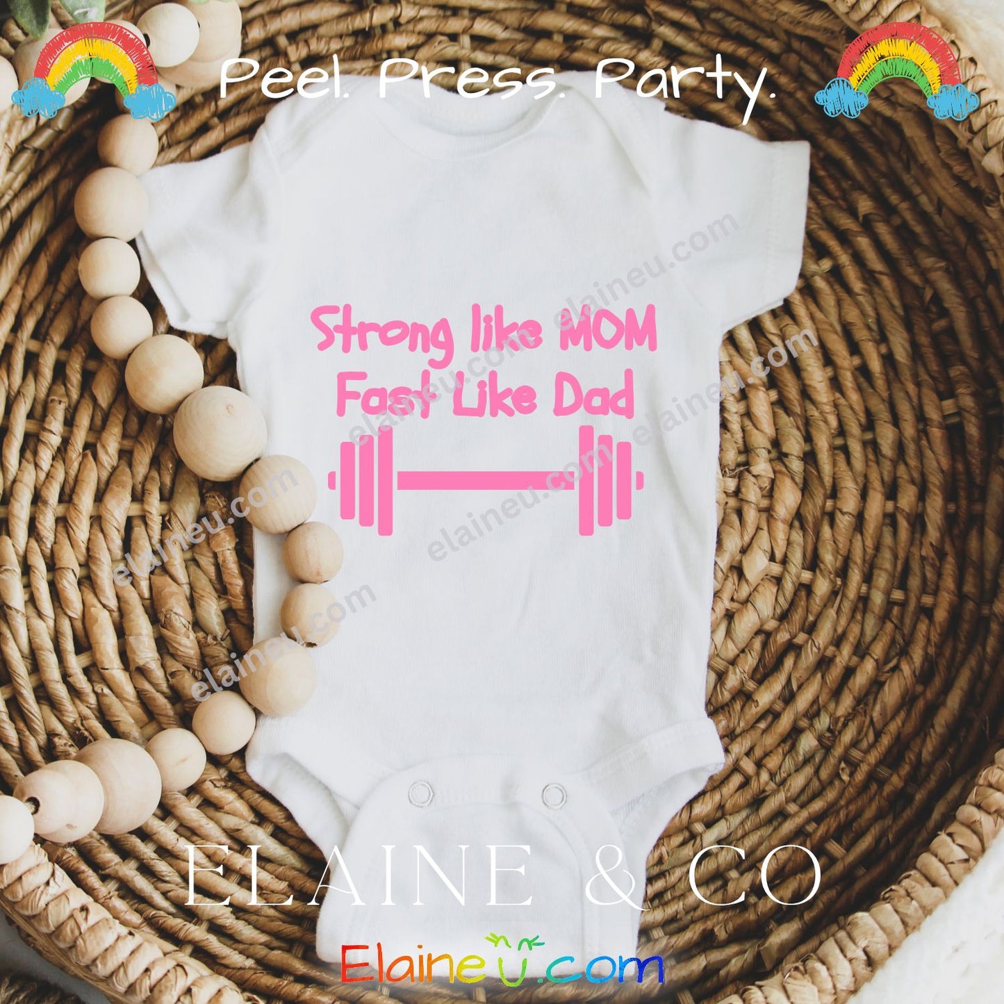 Iron-On Decal – Strong Like Mom, Fast Like Dad (Baby Onesie Transfer), EU-I-2