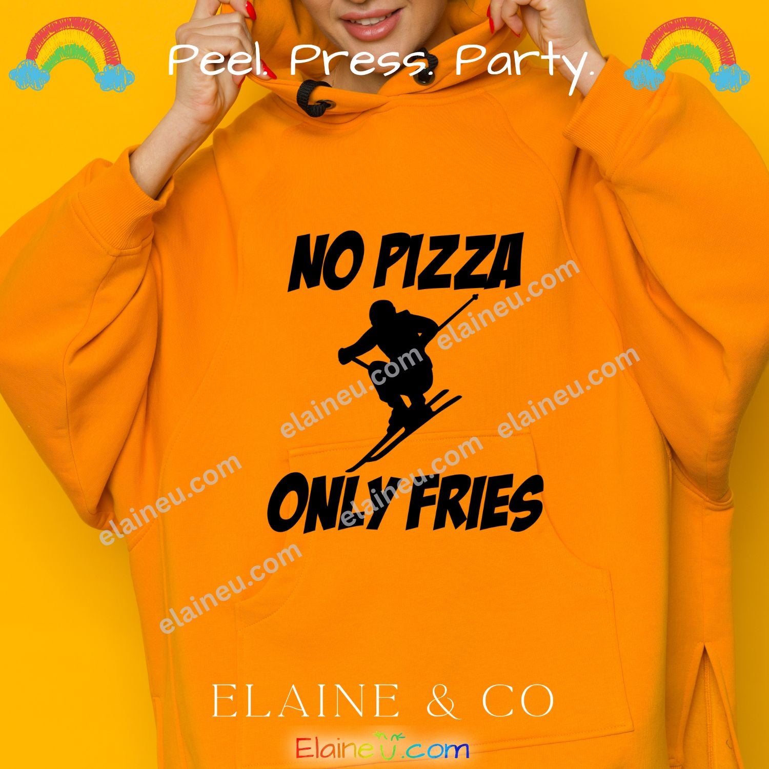 Custom “No Pizza, Only Fries” iron-on decal for shirts, made from durable heat transfer vinyl. Available in multiple colors and sizes for toddlers, kids, and adults. Perfect for funny DIY shirts, gifts, and food-themed apparel. Shirt not included. Sizes not to scale – refer to listing options.