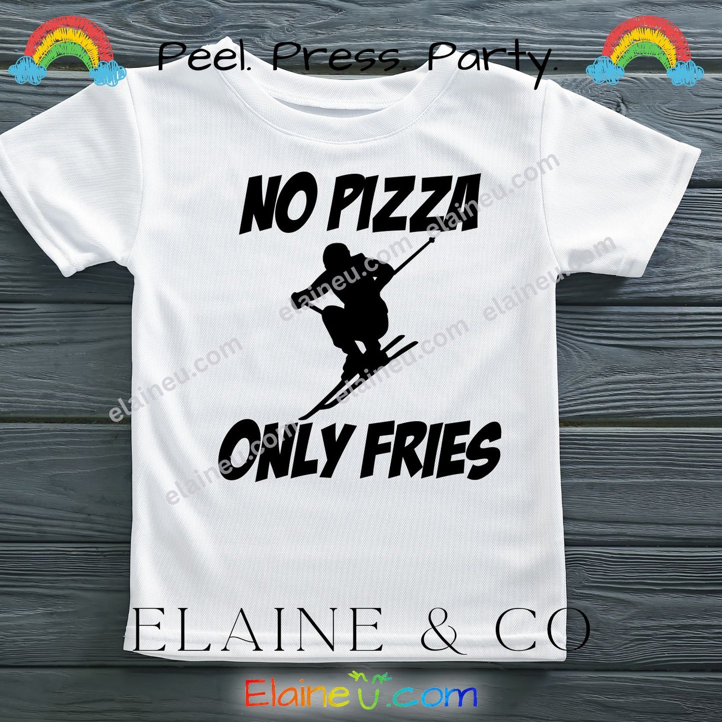 Custom “No Pizza, Only Fries” iron-on decal for shirts, made from durable heat transfer vinyl. Available in multiple colors and sizes for toddlers, kids, and adults. Perfect for funny DIY shirts, gifts, and food-themed apparel. Shirt not included. Sizes not to scale – refer to listing options.