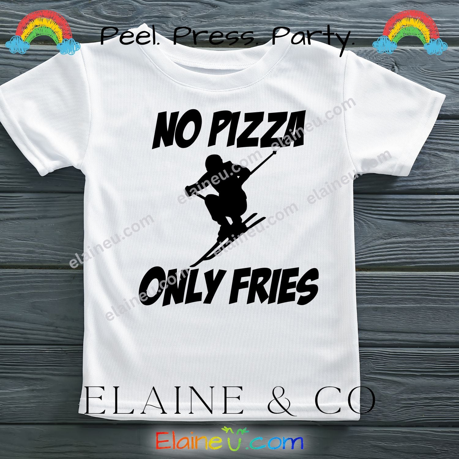 Custom “No Pizza, Only Fries” iron-on decal for shirts, made from durable heat transfer vinyl. Available in multiple colors and sizes for toddlers, kids, and adults. Perfect for funny DIY shirts, gifts, and food-themed apparel. Shirt not included. Sizes not to scale – refer to listing options.
