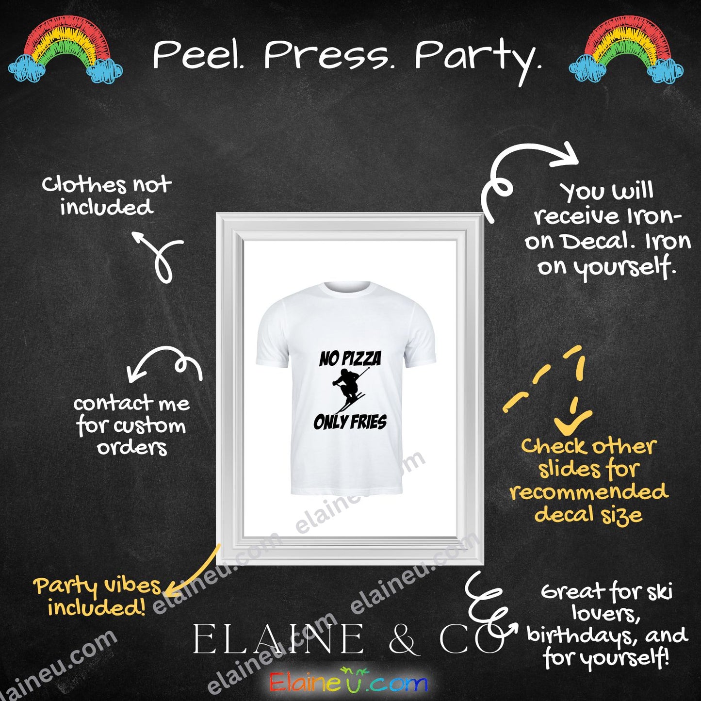 Custom “No Pizza, Only Fries” iron-on decal for shirts, made from durable heat transfer vinyl. Available in multiple colors and sizes for toddlers, kids, and adults. Perfect for funny DIY shirts, gifts, and food-themed apparel. Shirt not included. Sizes not to scale – refer to listing options.