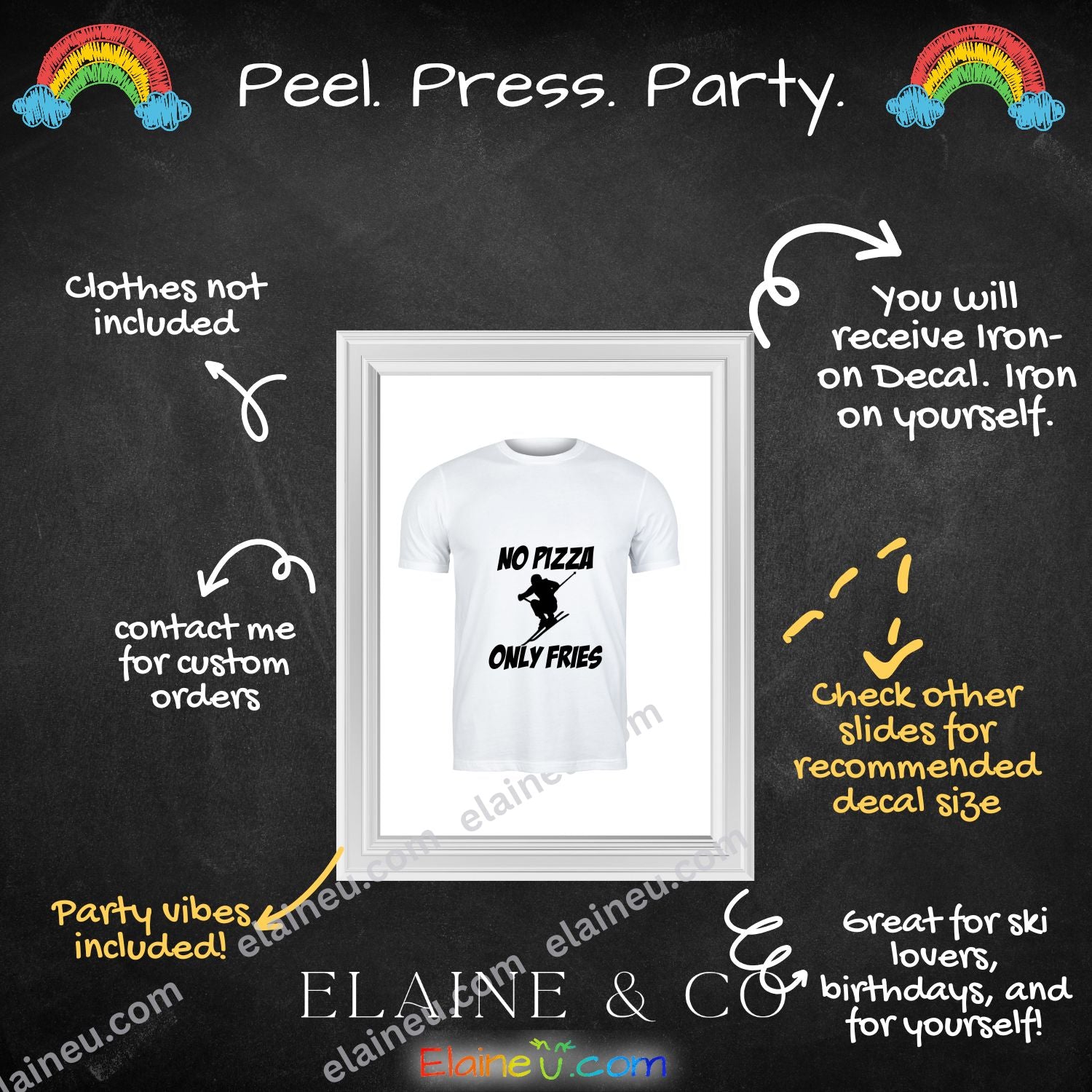 Custom “No Pizza, Only Fries” iron-on decal for shirts, made from durable heat transfer vinyl. Available in multiple colors and sizes for toddlers, kids, and adults. Perfect for funny DIY shirts, gifts, and food-themed apparel. Shirt not included. Sizes not to scale – refer to listing options.