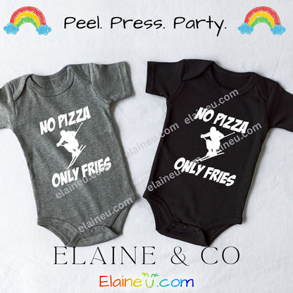 Two baby onesies with 'No Pizza Only Fries' text and a skier graphic on a white background, branded with Elaine & Co.