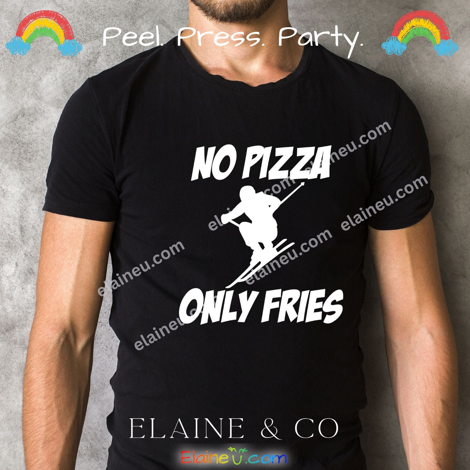Black t-shirt with 'No Pizza, Only Fries' graphic and person wearing it against a gray background.