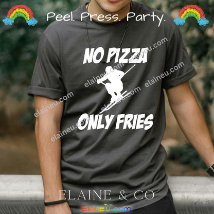 Person wearing a black t-shirt with 'No Pizza, Only Fries' design and Elaine & Co branding.