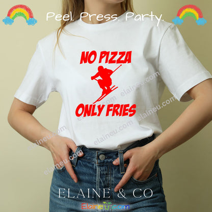 Person wearing a white t-shirt with red text and graphics, featuring the brand 'ELAINE & CO'.