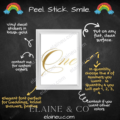 Brushed gold vinyl number word decals with words like “one,” “two,” and “three.” Perfect for weddings, table decor, parties, and crafts. Made from waterproof, UV-resistant vinyl with a metallic gold finish. Easy to apply on glass, acrylic, or wood. Sizes shown not to scale – refer to listing options.