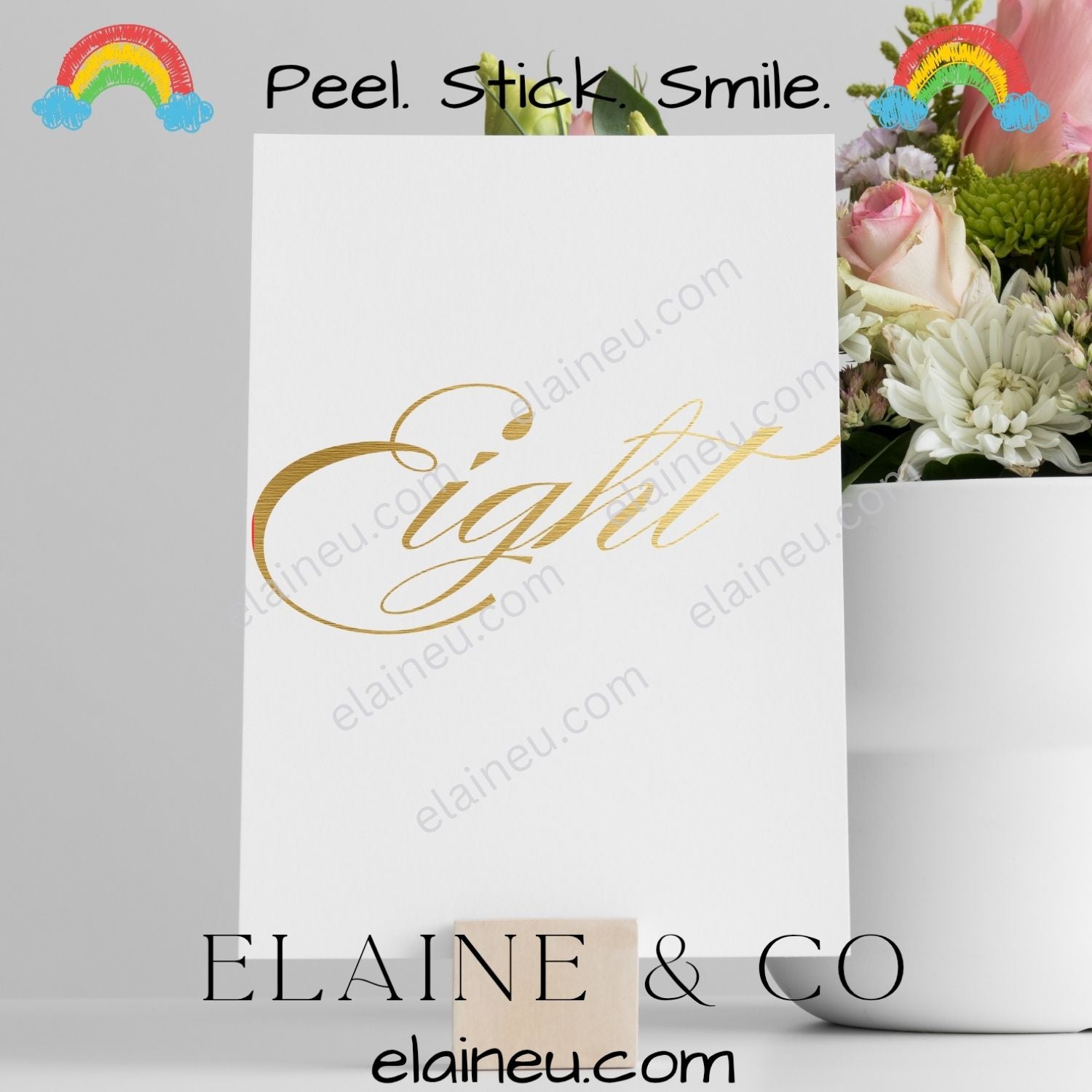 Brushed gold vinyl number word decals with words like “one,” “two,” and “three.” Perfect for weddings, table decor, parties, and crafts. Made from waterproof, UV-resistant vinyl with a metallic gold finish. Easy to apply on glass, acrylic, or wood. Sizes shown not to scale – refer to listing options.