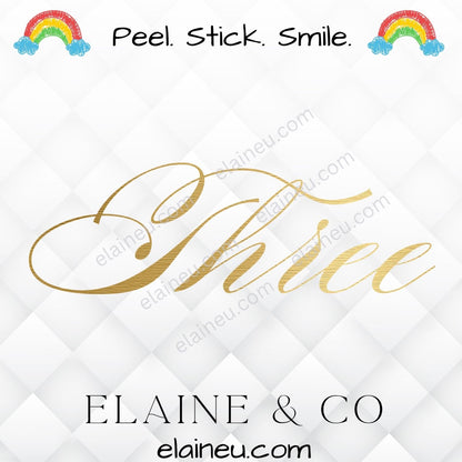 Brushed gold vinyl number word decals with words like “one,” “two,” and “three.” Perfect for weddings, table decor, parties, and crafts. Made from waterproof, UV-resistant vinyl with a metallic gold finish. Easy to apply on glass, acrylic, or wood. Sizes shown not to scale – refer to listing options.