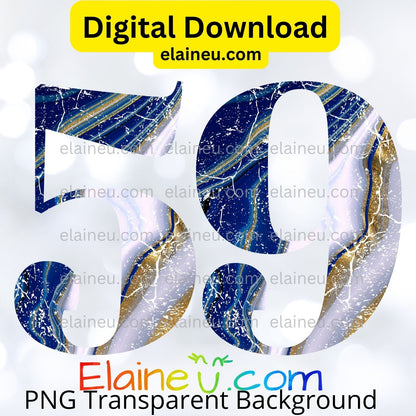 Blue, White & Gold Distressed Marbled Numbers 0–9 | 5"x5" PNG & JPG | Grunge Digital Download, EU-N-671