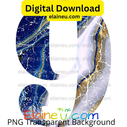 Blue, White & Gold Distressed Marbled Numbers 0–9 | 5"x5" PNG & JPG | Grunge Digital Download, EU-N-671