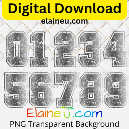 Silver Metallic Varsity Sports Numbers | Grunge Distressed Worn Out Style with Border | PNG JPG Digital Download, EU-N-687