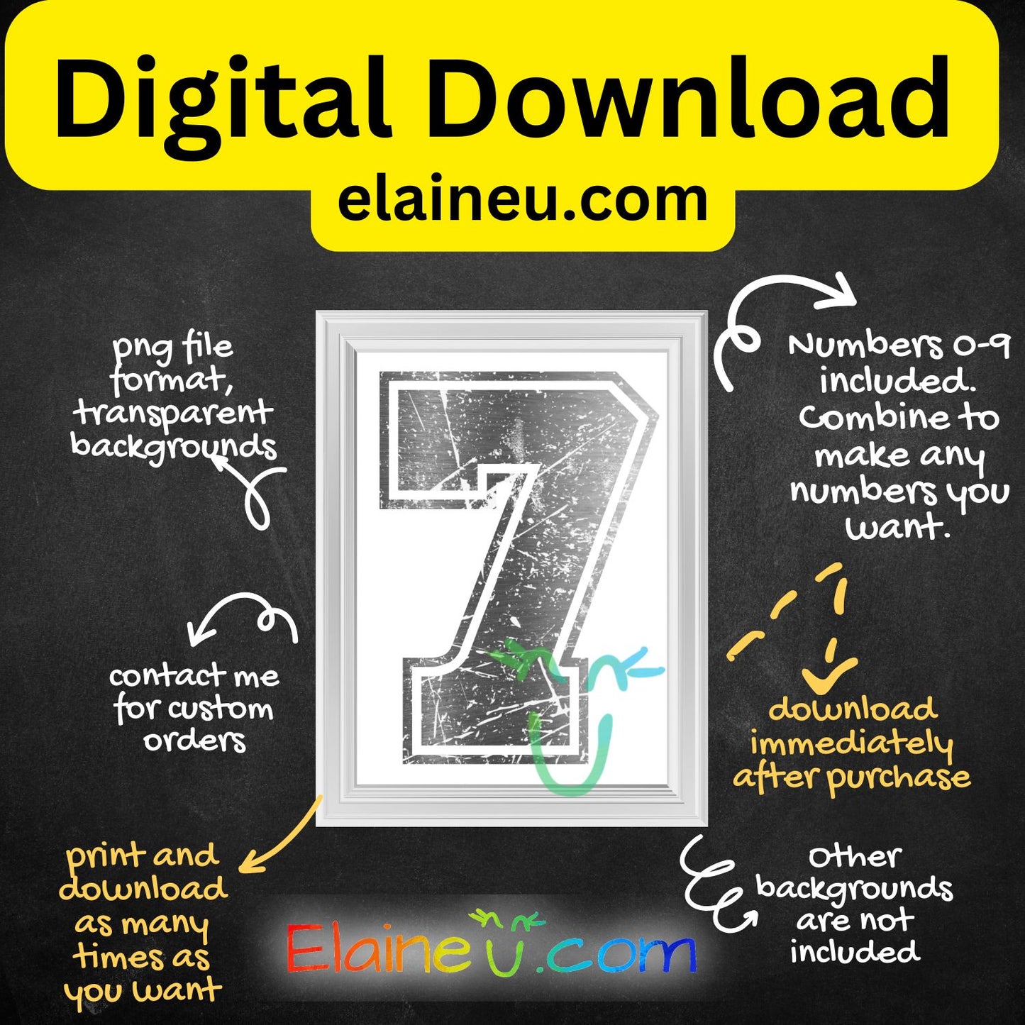 Silver Metallic Varsity Sports Numbers | Grunge Distressed Worn Out Style with Border | PNG JPG Digital Download, EU-N-687