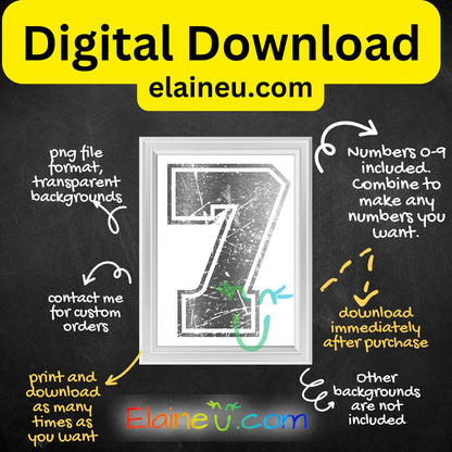 Silver Metallic Varsity Sports Numbers | Grunge Distressed Worn Out Style with Border | PNG JPG Digital Download, EU-N-687