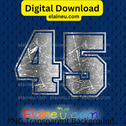 Silver Metallic Varsity Sports Numbers | Grunge Distressed Worn Out Style with Border | PNG JPG Digital Download, EU-N-687