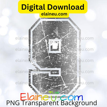 Silver Metallic Varsity Sports Numbers | Grunge Distressed Worn Out Style with Border | PNG JPG Digital Download, EU-N-687