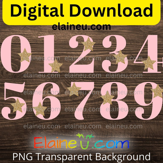 Pink numbers with gold stars on a wooden background, featuring 'ElaineU' branding.