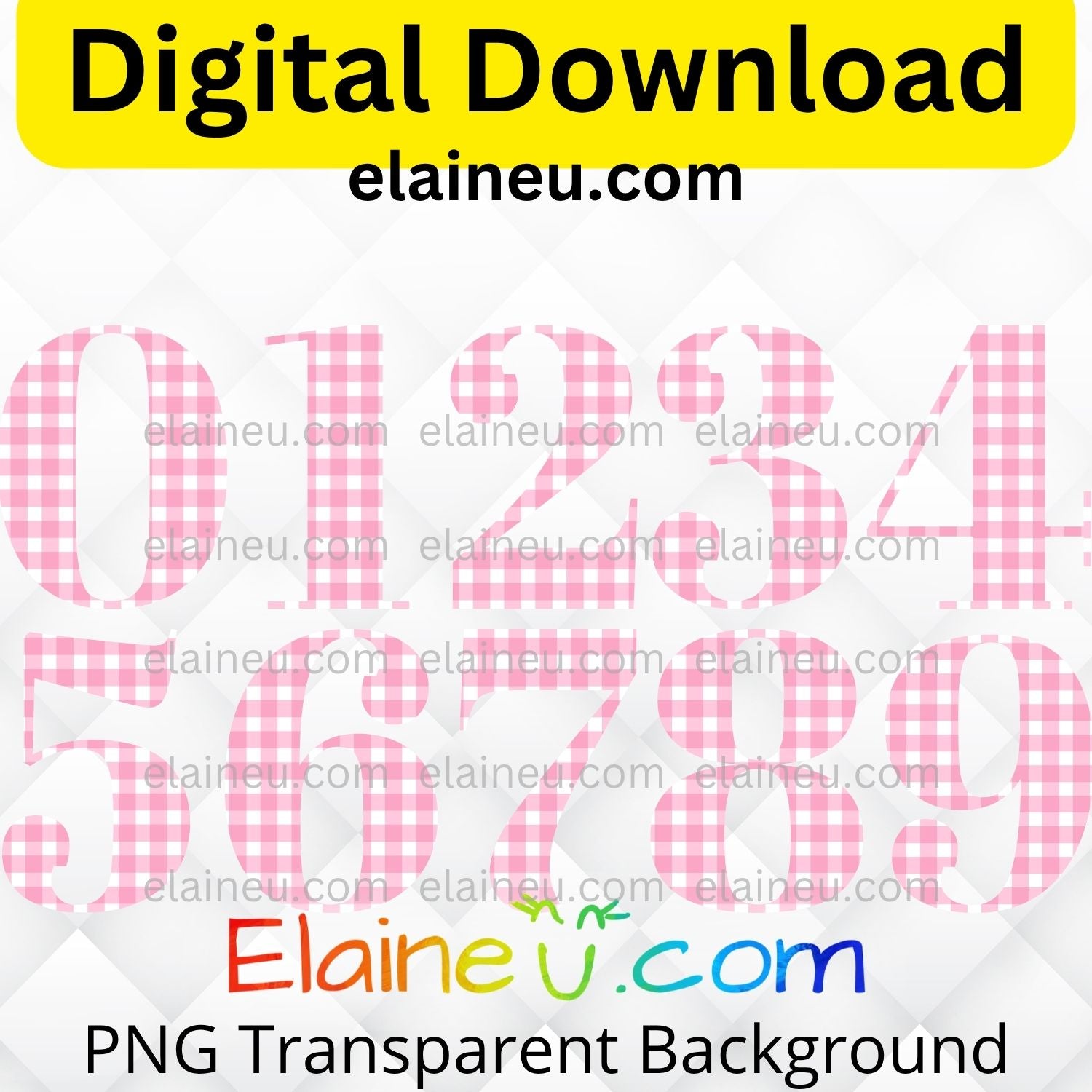 Pink gingham elegant numbers digital download set including 0–9 in a soft gingham pattern with a classic, stylish look. Mix and match numbers to create ages, years, or table numbers for birthdays, weddings, baby showers, parties, or milestone celebrations. Printable clipart files provided in high-resolution 300 DPI PNG with transparent backgrounds and JPG with white backgrounds