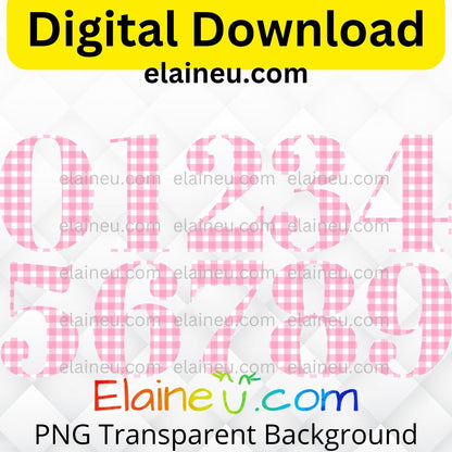 Pink gingham elegant numbers digital download set including 0–9 in a soft gingham pattern with a classic, stylish look. Mix and match numbers to create ages, years, or table numbers for birthdays, weddings, baby showers, parties, or milestone celebrations. Printable clipart files provided in high-resolution 300 DPI PNG with transparent backgrounds and JPG with white backgrounds