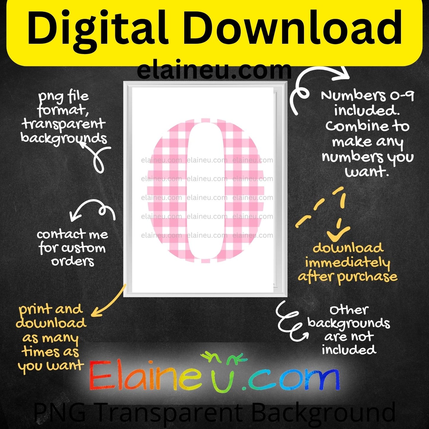 Pink gingham elegant numbers digital download set including 0–9 in a soft gingham pattern with a classic, stylish look. Mix and match numbers to create ages, years, or table numbers for birthdays, weddings, baby showers, parties, or milestone celebrations. Printable clipart files provided in high-resolution 300 DPI PNG with transparent backgrounds and JPG with white backgrounds