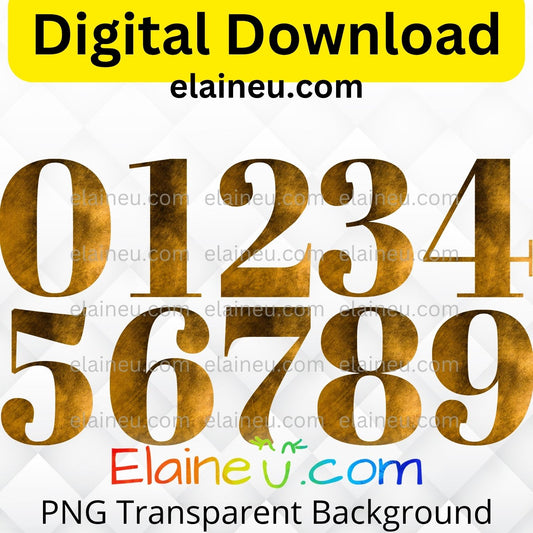 Dark brush gold elegant numbers digital download set featuring numbers 0–9 with a bold brushed metallic texture and modern luxury style. Each number is approx. 5x5 inches, provided in high-resolution 300 DPI PNG with transparent backgrounds and JPG with white backgrounds. Perfect for mix-and-match use to create table numbers, birthdays, anniversaries, weddings, graduations, or milestone party decorations.
