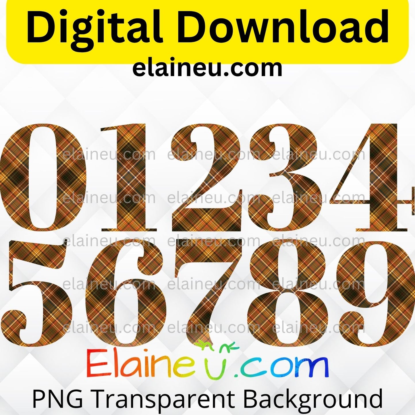 Thanksgiving plaid numbers digital download set featuring 0–9 in rustic autumn plaid patterns with warm fall colors like brown, dark red, and earthy tones. Each number is approx. 5x5 inches, provided in high-resolution 300 DPI PNG with transparent backgrounds and JPG with white backgrounds. Perfect for Thanksgiving invitations, table numbers, party décor, banners, scrapbooking, journaling, DIY crafts, and holiday milestone decorations.