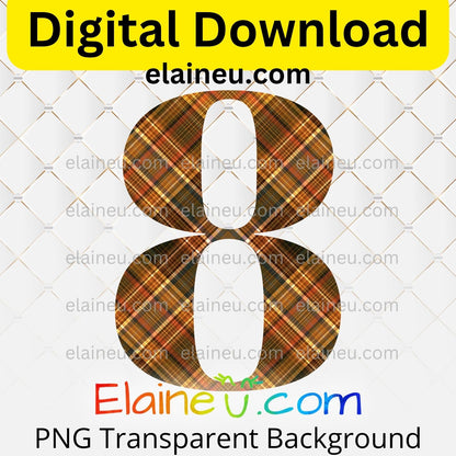Thanksgiving plaid numbers digital download set featuring 0–9 in rustic autumn plaid patterns with warm fall colors like brown, dark red, and earthy tones. Each number is approx. 5x5 inches, provided in high-resolution 300 DPI PNG with transparent backgrounds and JPG with white backgrounds. Perfect for Thanksgiving invitations, table numbers, party décor, banners, scrapbooking, journaling, DIY crafts, and holiday milestone decorations.