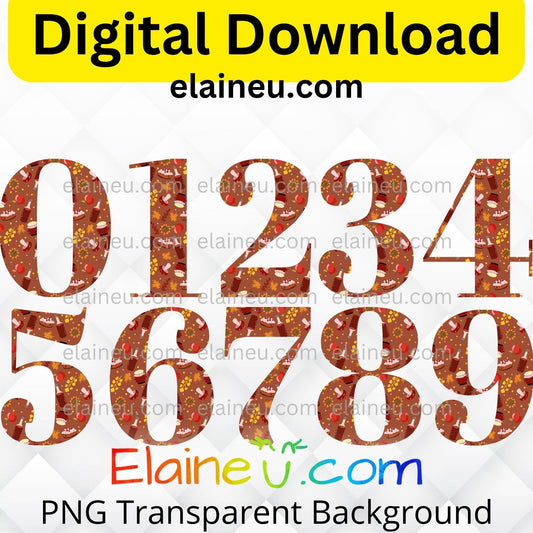 Brown Thanksgiving numbers digital download set featuring 0–9, each approx. 5x5 inches, decorated with autumn elements like sunflowers, apples, wine bottles, mushrooms, fall leaves, and pumpkin pie. High-resolution 300 DPI PNG with transparent backgrounds and JPG with white backgrounds included. Perfect for Thanksgiving party invitations, table numbers, banners, scrapbooking, journaling, DIY crafts, seasonal décor, and milestone celebrations.