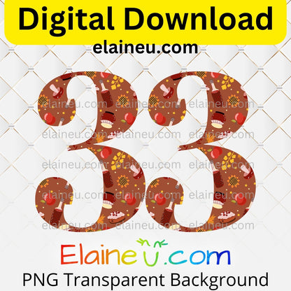Brown Thanksgiving numbers digital download set featuring 0–9, each approx. 5x5 inches, decorated with autumn elements like sunflowers, apples, wine bottles, mushrooms, fall leaves, and pumpkin pie. High-resolution 300 DPI PNG with transparent backgrounds and JPG with white backgrounds included. Perfect for Thanksgiving party invitations, table numbers, banners, scrapbooking, journaling, DIY crafts, seasonal décor, and milestone celebrations.