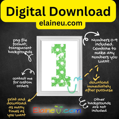 Green varsity sports numbers digital download featuring 0–9 in bright green with white polka dots and grunge distressed texture. Distressed areas are transparent to let backgrounds show through for a smooth, blended look. Includes 300 DPI PNG with transparent backgrounds and JPG with white backgrounds. Ideal for sports events, team shirts, invitations, table numbers, banners, and printable crafts. &nbsp;