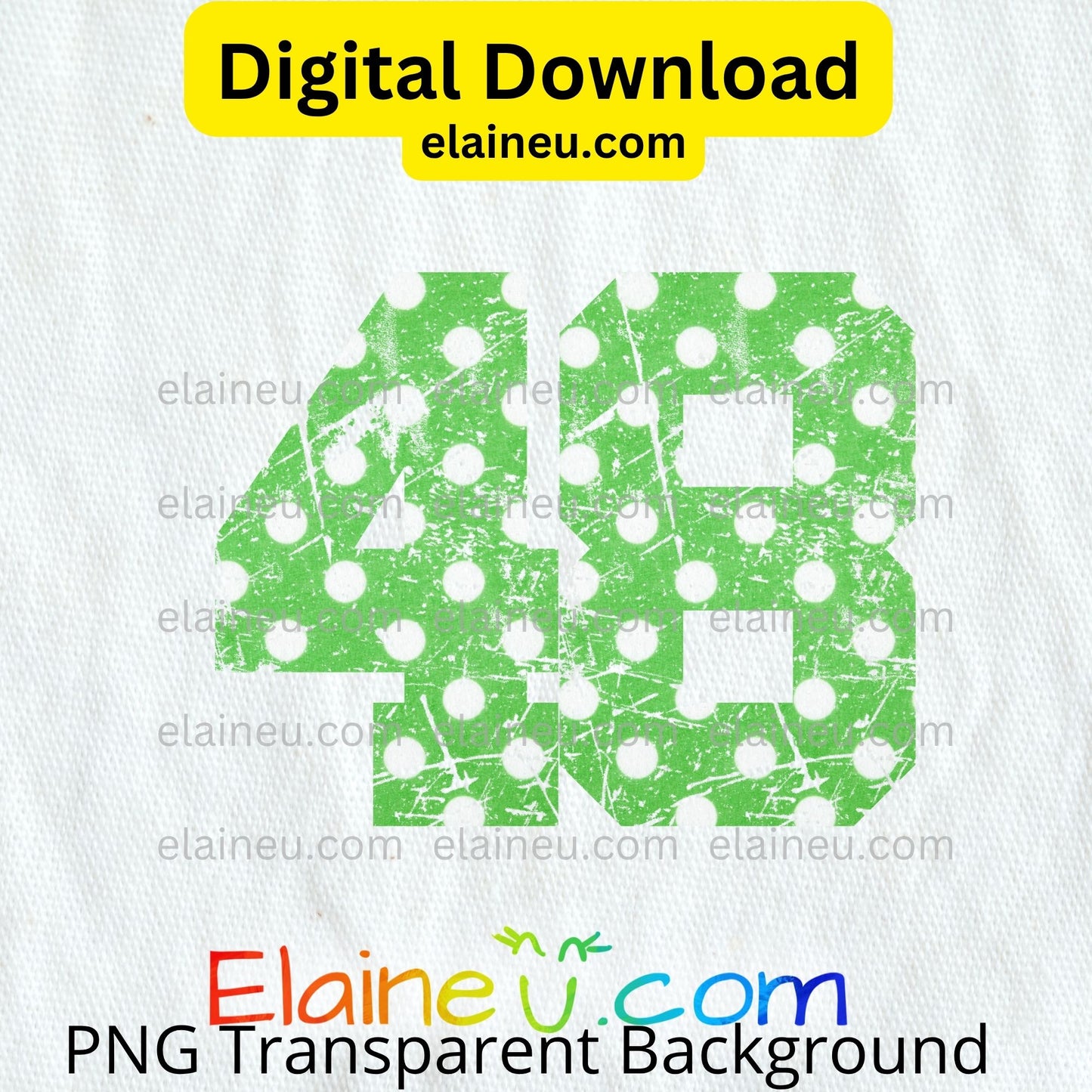 Green varsity sports numbers digital download featuring 0–9 in bright green with white polka dots and grunge distressed texture. Distressed areas are transparent to let backgrounds show through for a smooth, blended look. Includes 300 DPI PNG with transparent backgrounds and JPG with white backgrounds. Ideal for sports events, team shirts, invitations, table numbers, banners, and printable crafts. &nbsp;