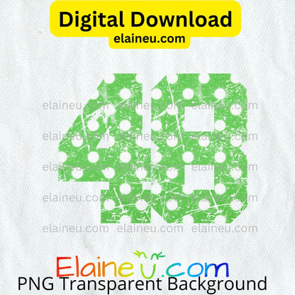Green varsity sports numbers digital download featuring 0–9 in bright green with white polka dots and grunge distressed texture. Distressed areas are transparent to let backgrounds show through for a smooth, blended look. Includes 300 DPI PNG with transparent backgrounds and JPG with white backgrounds. Ideal for sports events, team shirts, invitations, table numbers, banners, and printable crafts. &nbsp;