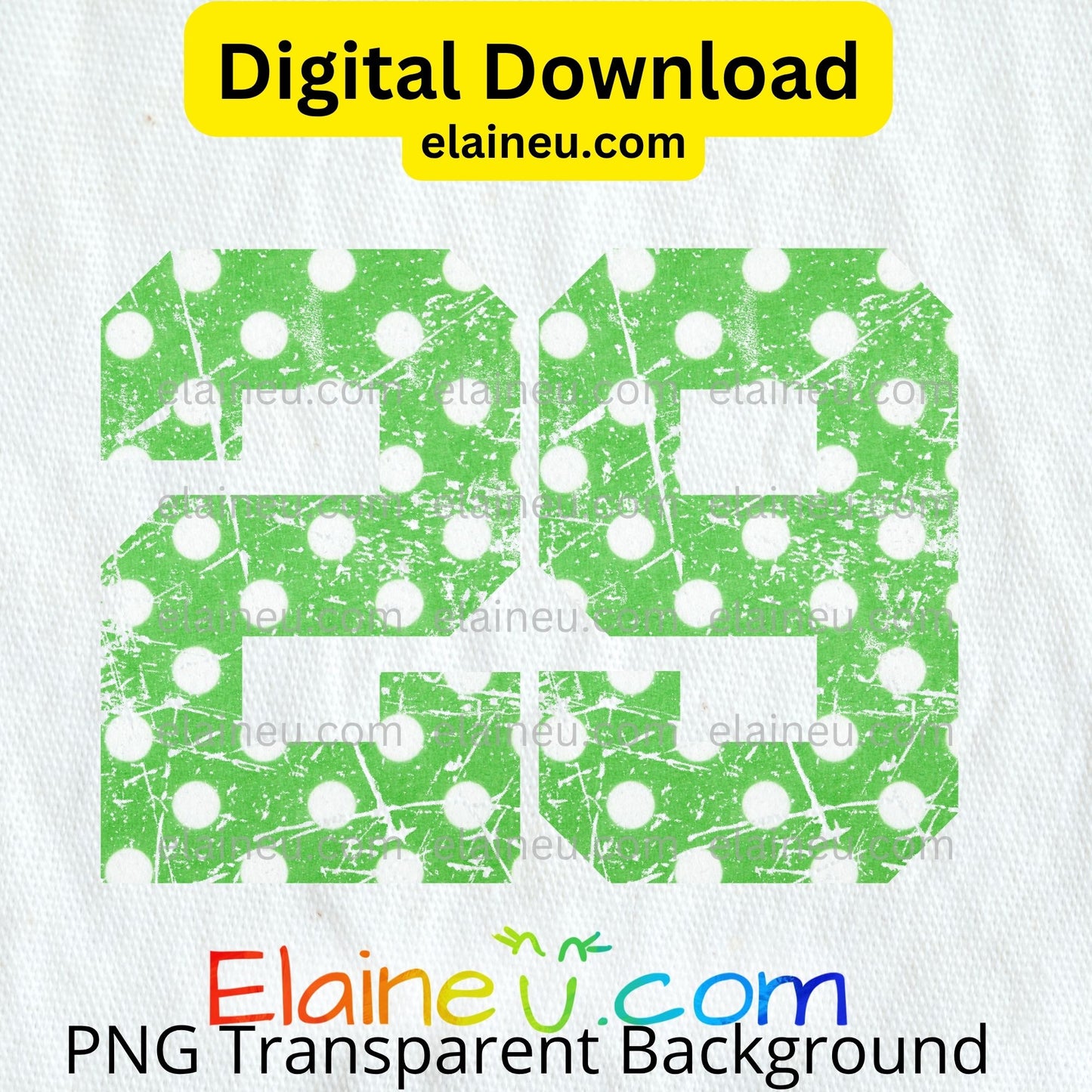 Green varsity sports numbers digital download featuring 0–9 in bright green with white polka dots and grunge distressed texture. Distressed areas are transparent to let backgrounds show through for a smooth, blended look. Includes 300 DPI PNG with transparent backgrounds and JPG with white backgrounds. Ideal for sports events, team shirts, invitations, table numbers, banners, and printable crafts. &nbsp;