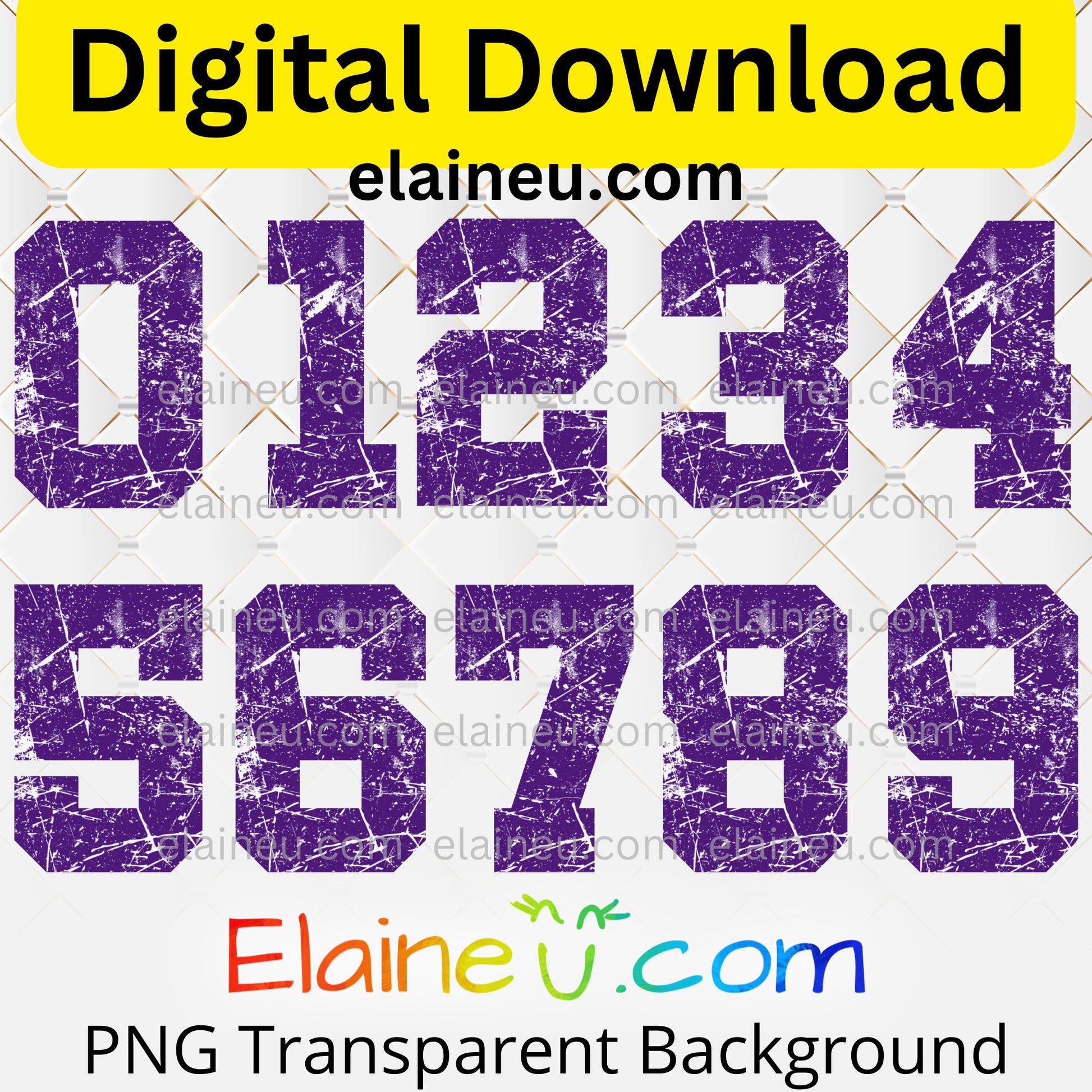 Purple grunge distressed sports numbers digital download set featuring 0–9 in a bold athletic style with a worn, textured finish. Each number is approx. 12x12 inches, provided in high-resolution 300 DPI PNG with transparent backgrounds and JPG with white backgrounds. Perfect for sports-themed designs, team projects, posters, apparel, scrapbooking, invitations, and DIY crafts. Vintage grunge aesthetic adds a rugged athletic feel to any project.