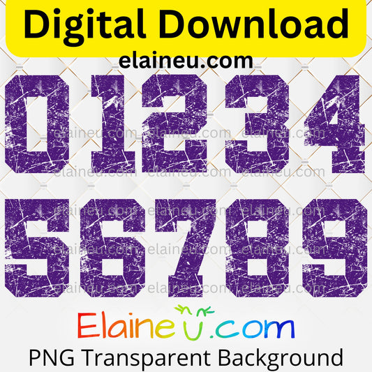 Purple grunge distressed sports numbers digital download set featuring 0–9 in a bold athletic style with a worn, textured finish. Each number is approx. 12x12 inches, provided in high-resolution 300 DPI PNG with transparent backgrounds and JPG with white backgrounds. Perfect for sports-themed designs, team projects, posters, apparel, scrapbooking, invitations, and DIY crafts. Vintage grunge aesthetic adds a rugged athletic feel to any project.