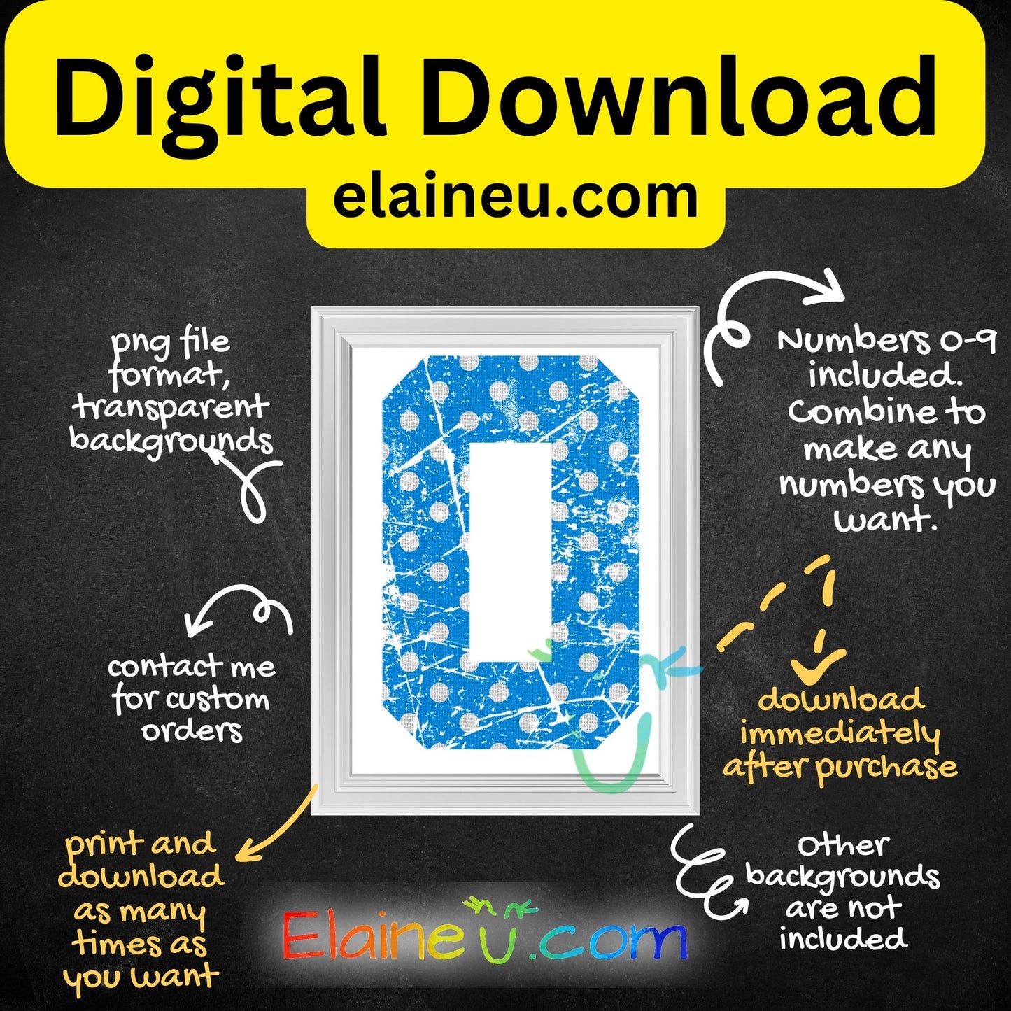 Blue Varsity Sports Numbers | Digital Download 0–9 | Distressed Polka Dot Athletic Number Design, EU-N-703