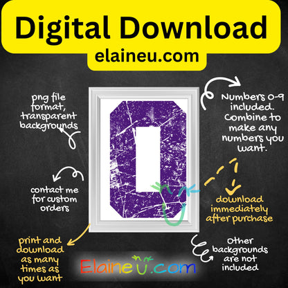 Purple grunge distressed sports numbers digital download set featuring 0–9 in a bold athletic style with a worn, textured finish. Each number is approx. 12x12 inches, provided in high-resolution 300 DPI PNG with transparent backgrounds and JPG with white backgrounds. Perfect for sports-themed designs, team projects, posters, apparel, scrapbooking, invitations, and DIY crafts. Vintage grunge aesthetic adds a rugged athletic feel to any project.