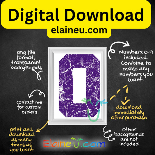 Purple grunge distressed sports numbers digital download set featuring 0–9 in a bold athletic style with a worn, textured finish. Each number is approx. 12x12 inches, provided in high-resolution 300 DPI PNG with transparent backgrounds and JPG with white backgrounds. Perfect for sports-themed designs, team projects, posters, apparel, scrapbooking, invitations, and DIY crafts. Vintage grunge aesthetic adds a rugged athletic feel to any project.