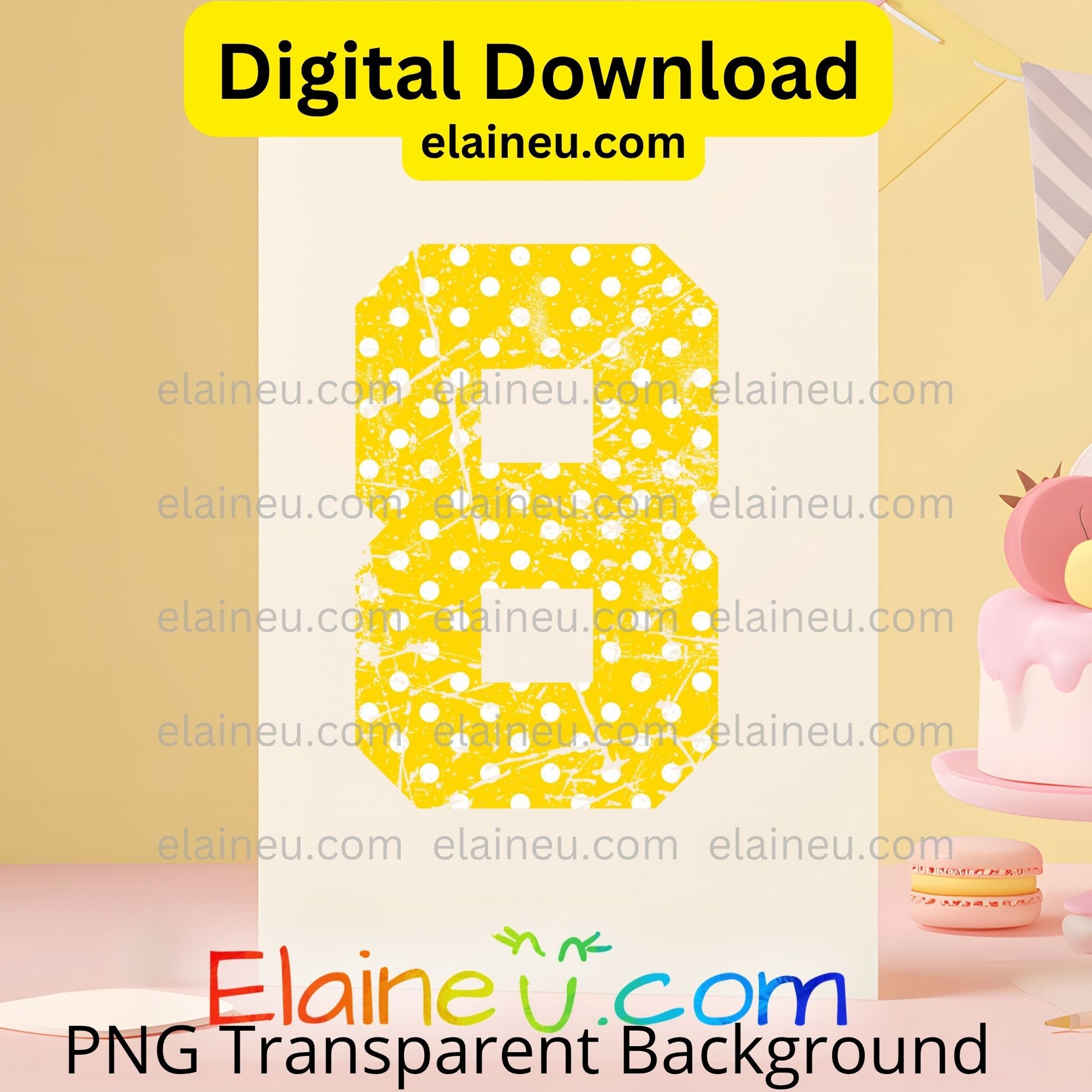 Yellow polka dot number '8' with a cake and cookies on a transparent background, featuring Elaineé®.com branding.