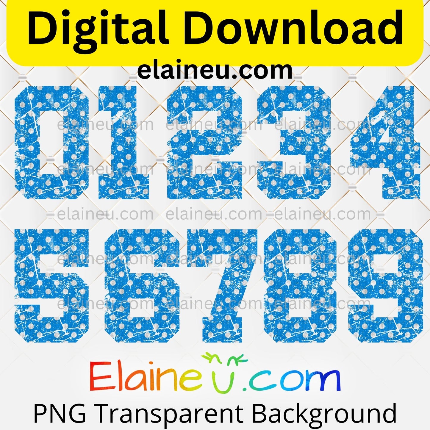 Blue Varsity Sports Numbers | Digital Download 0–9 | Distressed Polka Dot Athletic Number Design, EU-N-703