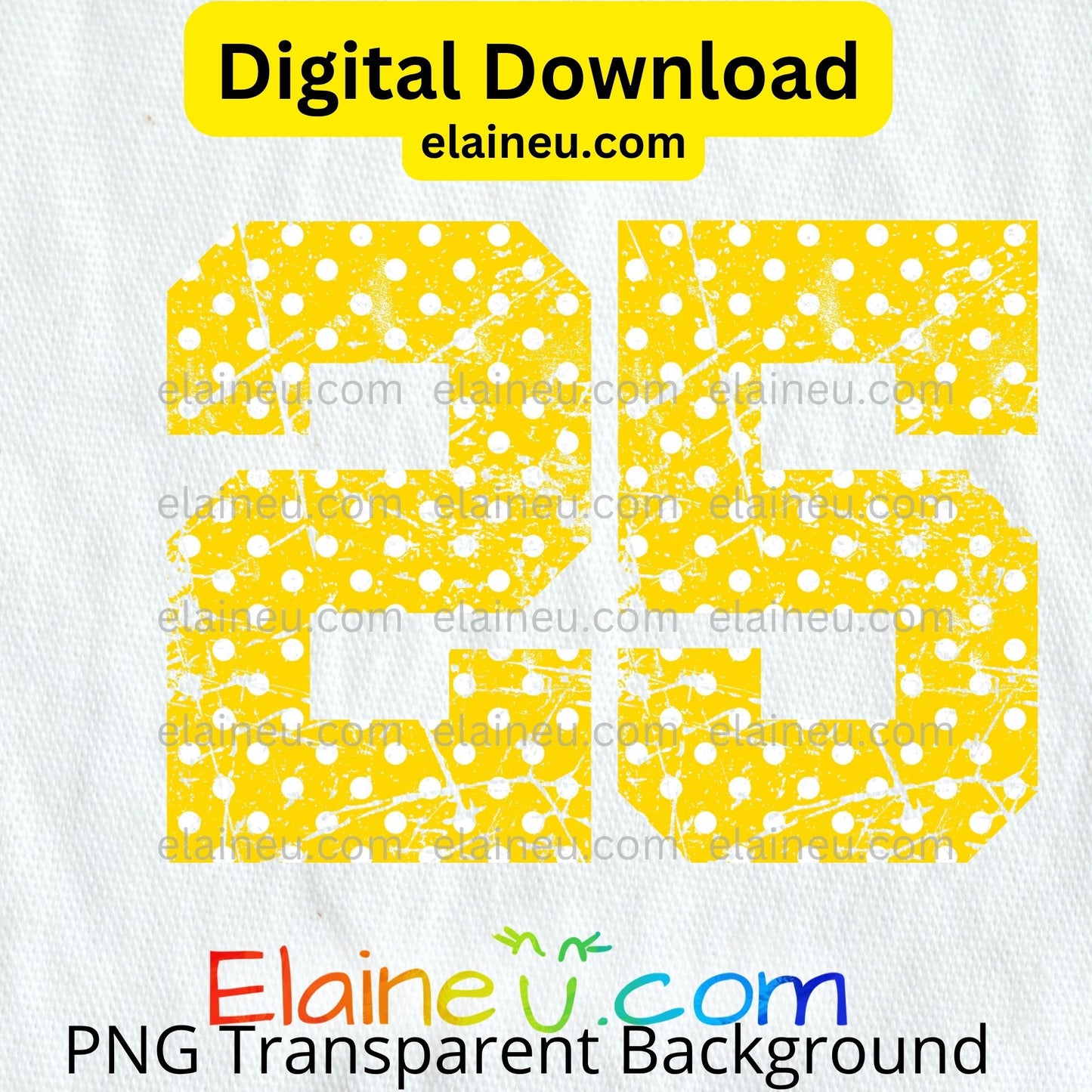 Yellow varsity grunge numbers digital download featuring 0–9 in vibrant yellow with white polka dots and distressed cutout design. Transparent grunge texture lets backgrounds show through for a vintage, sporty effect. Includes 300 DPI PNG with transparent backgrounds and JPG with white backgrounds. Perfect for sports, school décor, parties, invitations, and printable crafts.