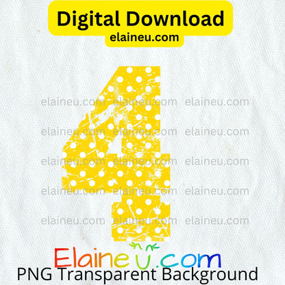 Yellow varsity grunge numbers digital download featuring 0–9 in vibrant yellow with white polka dots and distressed cutout design. Transparent grunge texture lets backgrounds show through for a vintage, sporty effect. Includes 300 DPI PNG with transparent backgrounds and JPG with white backgrounds. Perfect for sports, school décor, parties, invitations, and printable crafts.