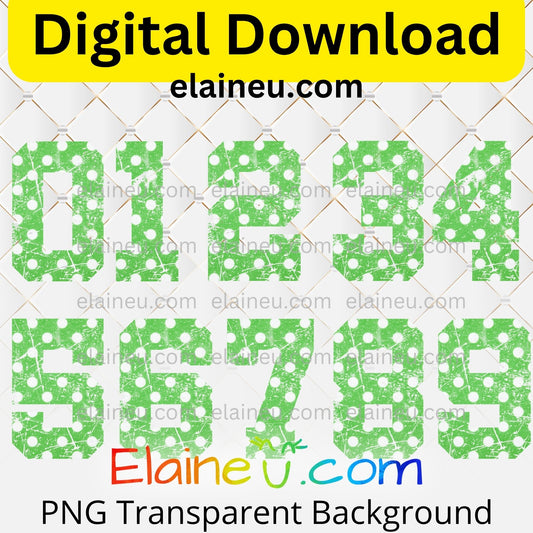 Set of green patterned numbers on a white background with 'Elaineu.com' branding.